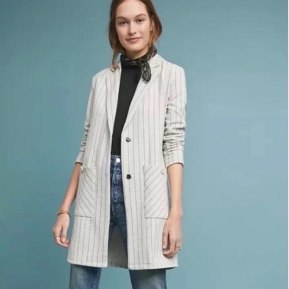 Anthropologie NWOT Harlyn Long Structured Blazer Jacket Knit Cream Plaid XS (S) - Picture 1 of 13